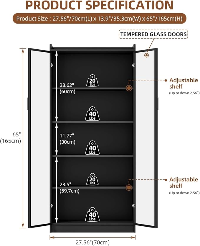 Dystler Display Cabinet with Glass Doors and Shelves, 65" Tall Curio Cabinet with LED Lights/Human Sensor, 5 Tier Display Case for Collectibles Bedroom Living Room Office, Black