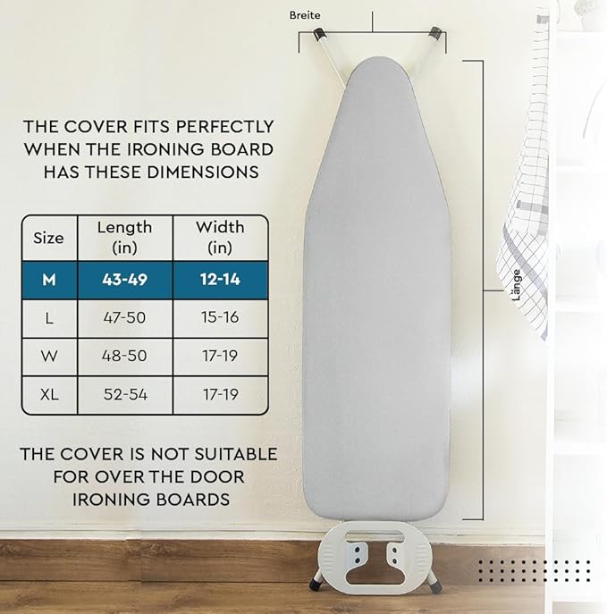 Encasa XO Ironing Board Cover And Pad 42"x14" - 4mm Felt & 2mm foam Metallized Silver iron Board Cover With Padding - Heat & Scorch Resistant, Non Slip, Bungee Elasticated, 3 Fasteners Silver Luxury
