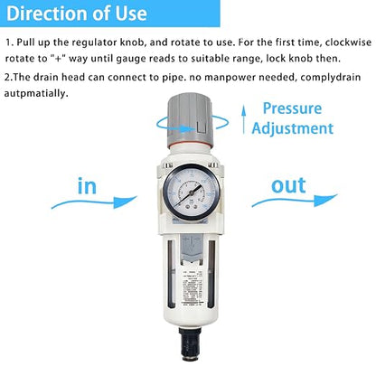XingNEeng 1/2" NPT Compressed Air Filter Regulator Combo Piggyback, Water/Oil - Image 4