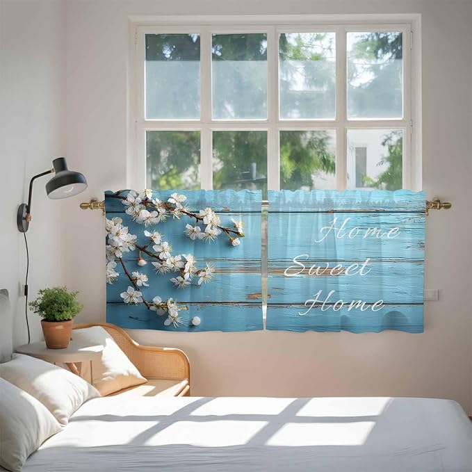 Farmhouse Wooden Grain Tier Curtains, Vintage Shabby Chic Flower Blue Light - Image 4