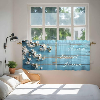 Farmhouse Wooden Grain Tier Curtains, Vintage Shabby Chic Flower Blue Light - Image 4