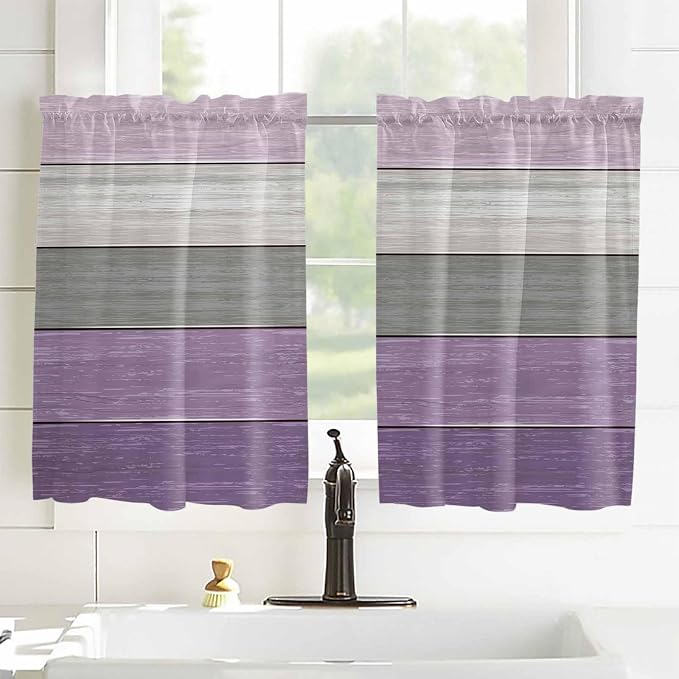 Country Wood Board Gray Purple Window Valance Curtains, Farmhouse Gradient - Image 2