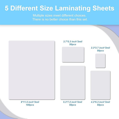 300 Pack 3 Mil Thermal Laminating Pouches, Plastic Laminating Sheets, 9 x 11.5 Inch, 5 x 7 Inch, 4 x 6 Inch, 3.7 x 5.3 Inch, 2.2 x 3.7 Inch for Letter, Photo, Note, ID Badge and Business Card Sizes