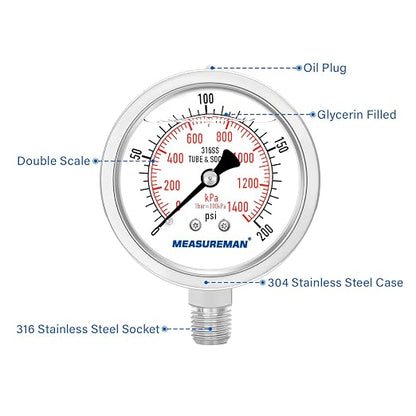 MEASUREMAN Fully Stainless Steel Hydraulic Glycerin Filled Pressure Gauge - Image 3