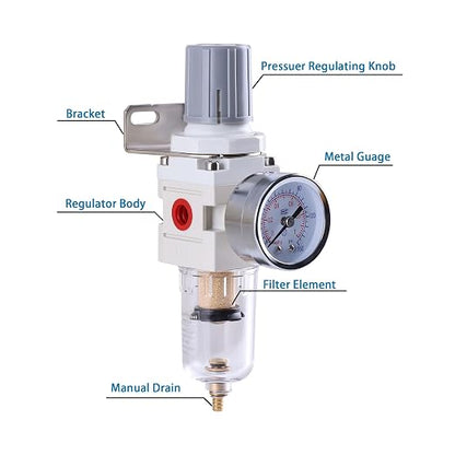 1/4 Inch NPT Air Filter Regulator Combo Piggyback, Air Compressor Water - Image 3