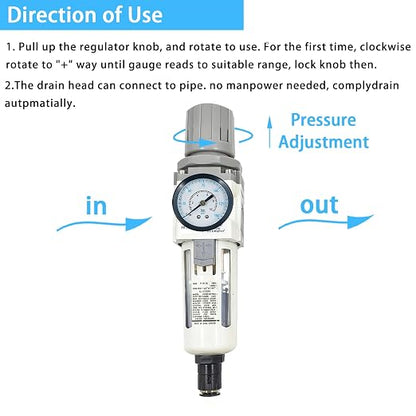 XingNEeng 3/8" NPT Compressed Air Filter Regulator Combo Piggyback, Water/Oil - Image 4