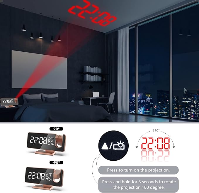 Mightree Projection Alarm Clock for Bedroom, Digital Alarm Clock with USB Charger, 7.4" Large LED Mirror Display Radio Alarm Clock, Dual Smart Alarm with Projection on Ceiling, Rose Gold