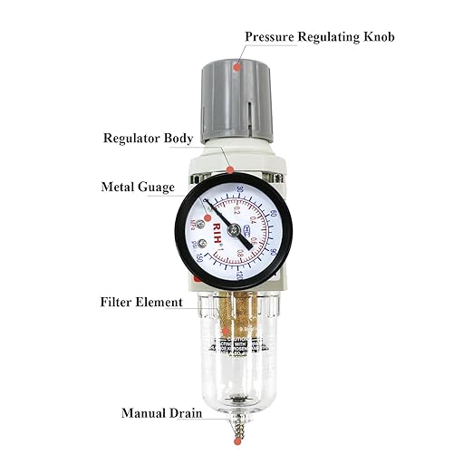 RIH 1/4" NPT Compressed Air Filter Regulator Combo Piggyback, 5 Micron Brass - Image 6