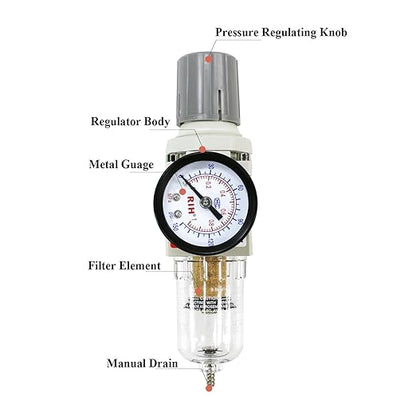 RIH 1/4" NPT Compressed Air Filter Regulator Combo Piggyback, 5 Micron Brass - Image 6