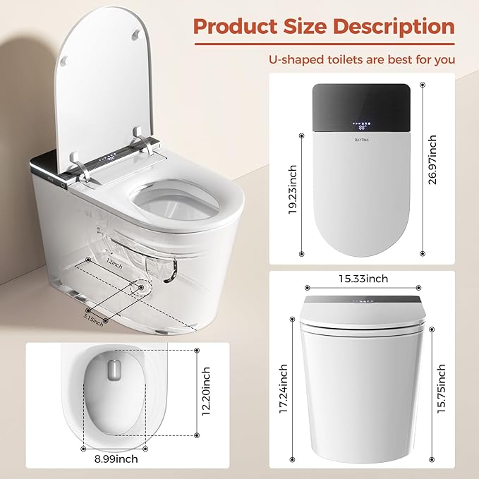 BAYTINA Smart Toilet, One Piece Toilet with Bidet Built in, Modern Tankless Toilet with Heated Toilet Seat, Bidet Warm Water, Dryer, Auto Toilet Flushing, Foot Sensor Operation