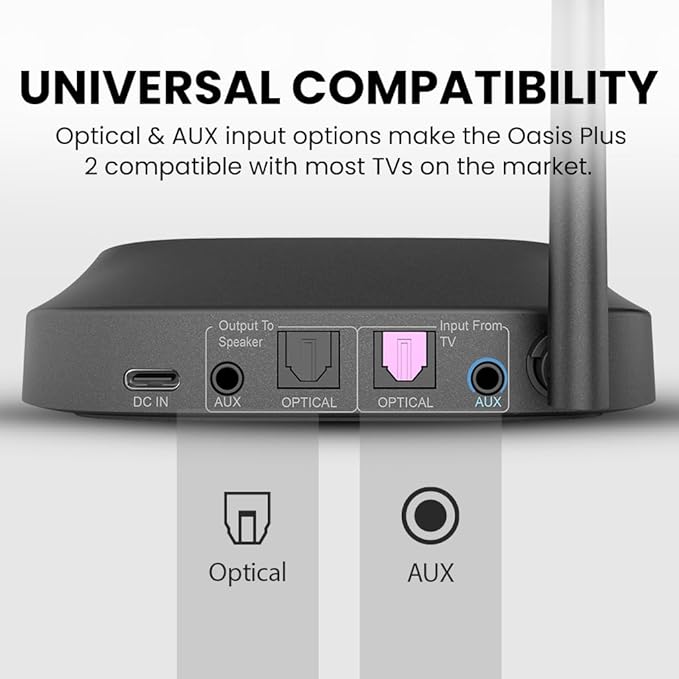 Avantree Oasis Plus 2 Bluetooth 5.3 Transmitter for TV w/Optical or AUX Output, Wireless Adapter for Headphones/Speaker, aptX-Adaptive, Remote Volume Control, Soundbar Passthrough