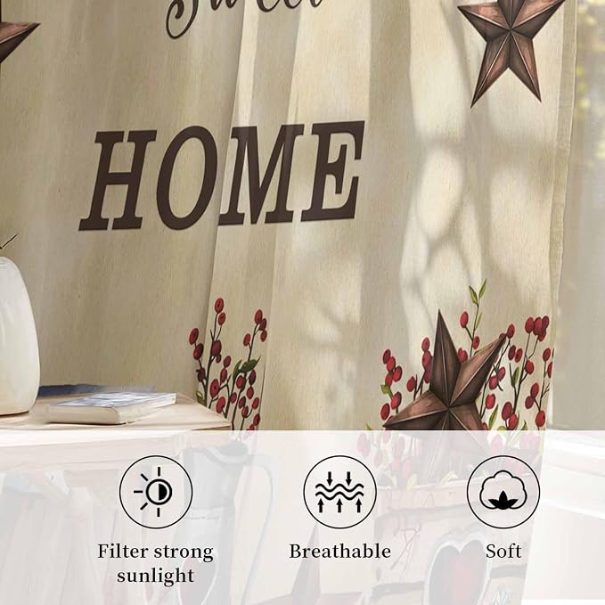Farm Sheer Curtains 45 Inch Length American Country Barn Star Vintage Berry - Image 2