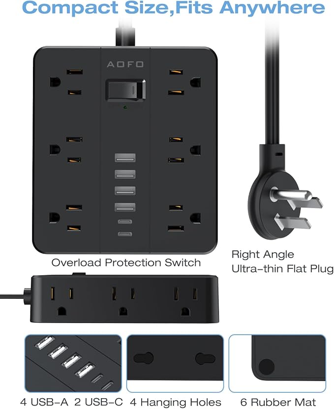 AOFO 25FT Surge Protector Power Strip,12 AC Outlets with 6 USB Ports (2 USB-C), Flat Plug Extension Cord with Multiple Outlets, Wall Mount for Home Office,Dorm, Black