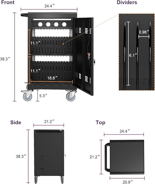 30-Device Mobile Charging Cart with Power Strip, Locks, Cable Management, Up to 16.3" Safe Charging Cabinet for Chromebooks, Tablets, Laptops. Black with Code Lock