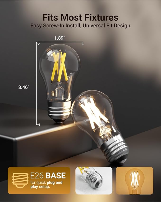 Sunco A15 Light Bulb LED, Edison Style Bulb, Dimmable Vintage Filament Lighting, 800 LM, 7W (60W Equivalent), 2700K Soft White, E26 Medium Base, Wet Rated UL 4 Pack.