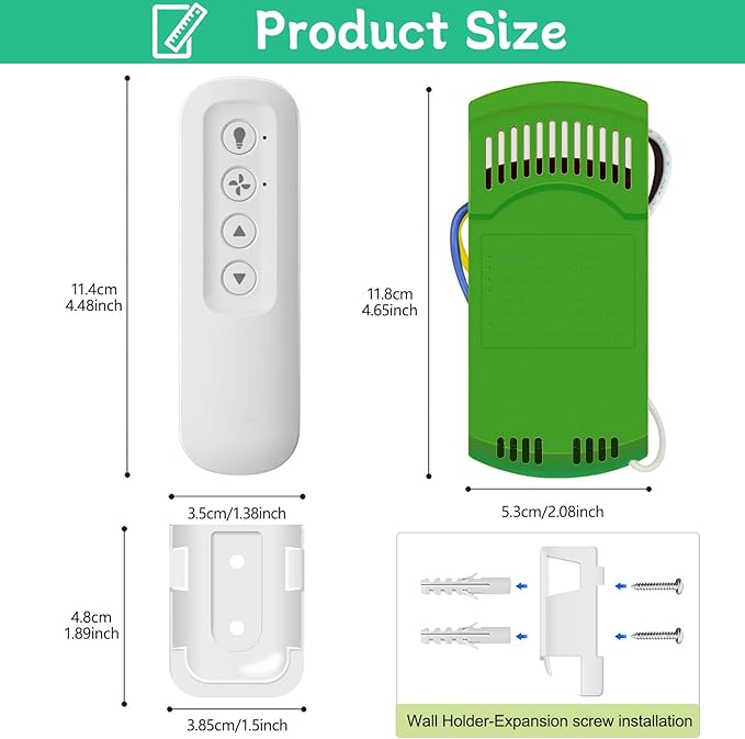 Replacement for Ceiling Fan Remote Control Kit with Light Dimmer, Compatible with Remote 99770 99772 99392 99122 99123 99600, Universal Remote Control with Receiver works for most 3 Speeds Ceiling Fan