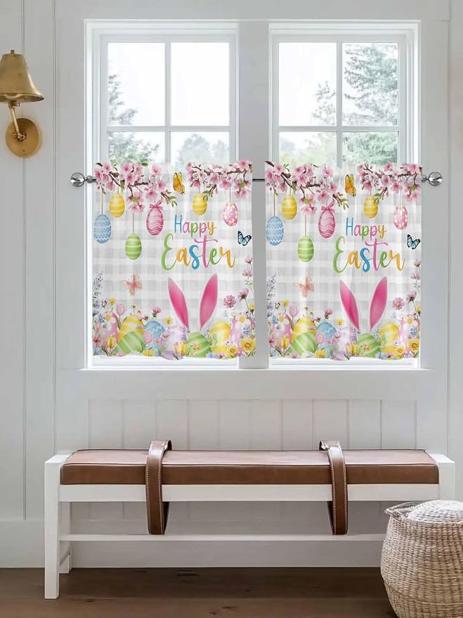 Happy Easter Half Window Curtains 24 Inches Long, Spring Watercolor Bunny Eggs - Image 4