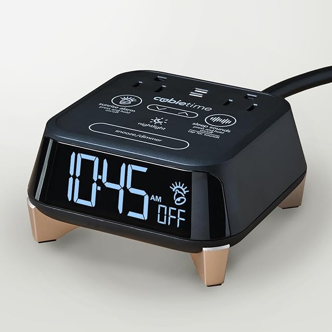 Brandstand CubieTime Zen | Alarm Clock Charger with White Noise and Sunrise Alarm | 2 USB-C Ports | 2 Tamper Resistant Outlets | Night Light