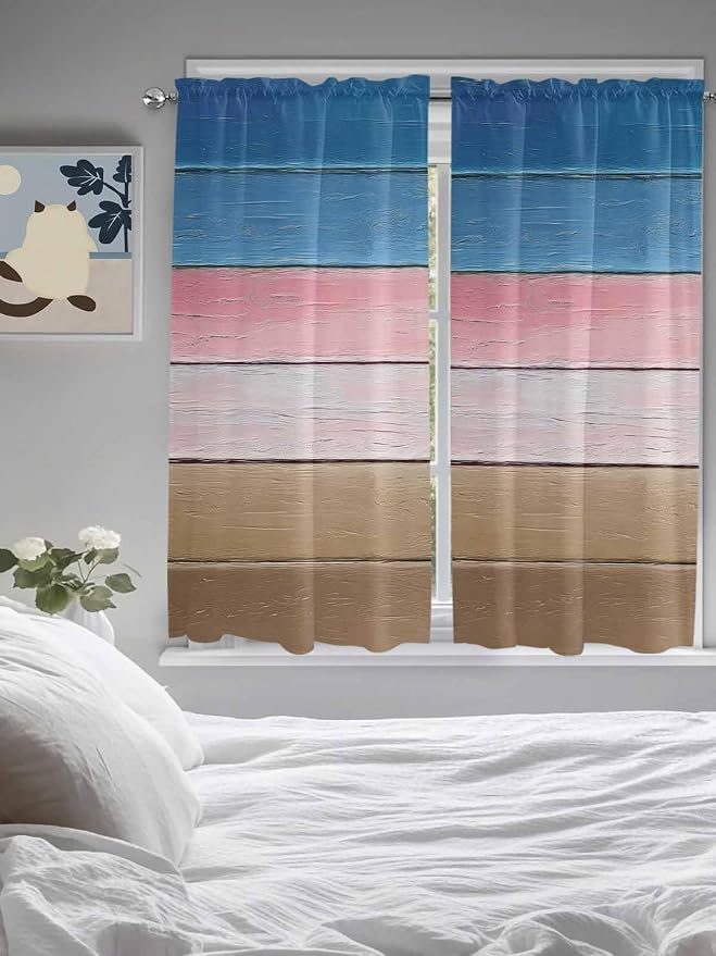 Blue Pink Brown Gradient Wood Grain Window Valance Curtains, Vintage Wood Board - Image 5