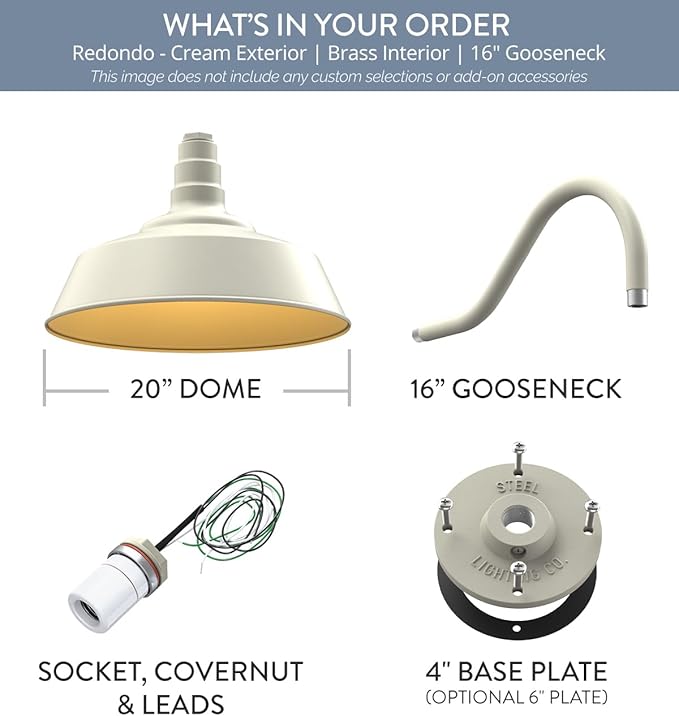Steel Lighting Co. Large Outdoor Barn Light | Gooseneck Light Fixture | Made in America from 18-Gauge Steel | 20" Dome | 16" Gooseneck Cream Exterior/Brass Interior