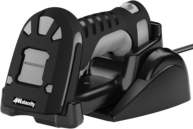 Alacrity Upgraded 1D Laser Industrial Barcode Scanner with Wireless Charging Stand, Bluetooth & 1968 Feet Transmission Distance 433Mhz Wireless 2in1 Barcode Reader, Shock Dust Proof Hands Free, Grey