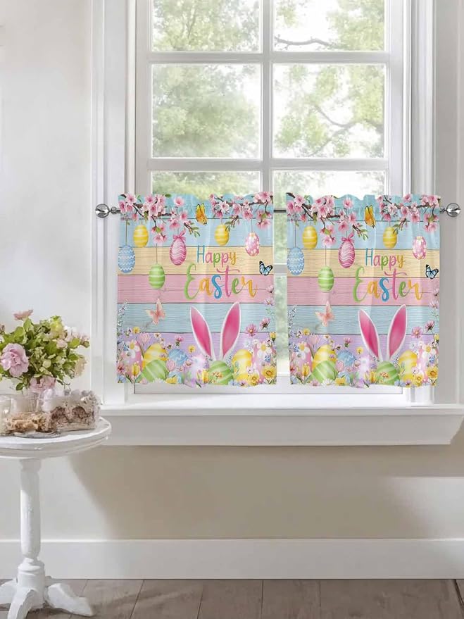 Colorful Easter Half Window Curtains 24 Inches Long, Spring Watercolor Bunny - Image 7