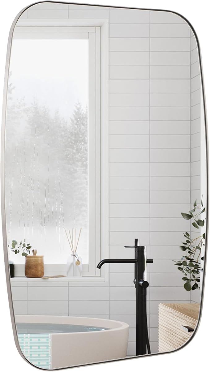 Brushed Nickel Bathroom Mirror, 30"×48" Oval Vanity Mirror with Stainless Steel Metal Frame, Silver Oblong Wall Mount Mirror for Bedroom, Living Room