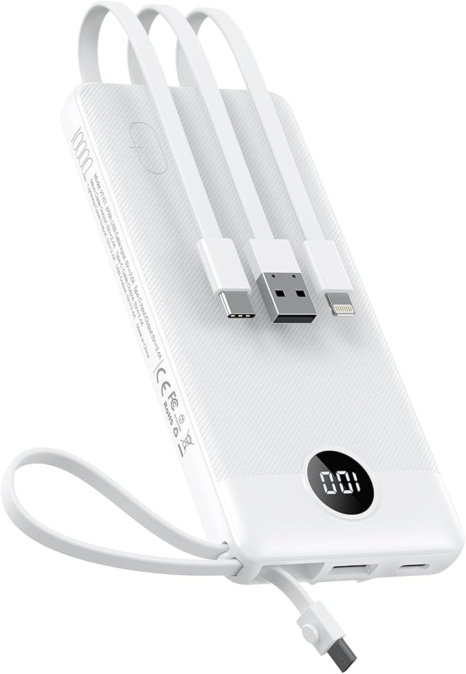 VEEKTOMX Portable Charger Built-in Cables, 10000mAh Power Bank for iPhone, Fast Charge USB C Battery Pack Travel Essentials Powerbank Compatible with iPhone 17/16/15/14, Samsung S25/24, Android, etc