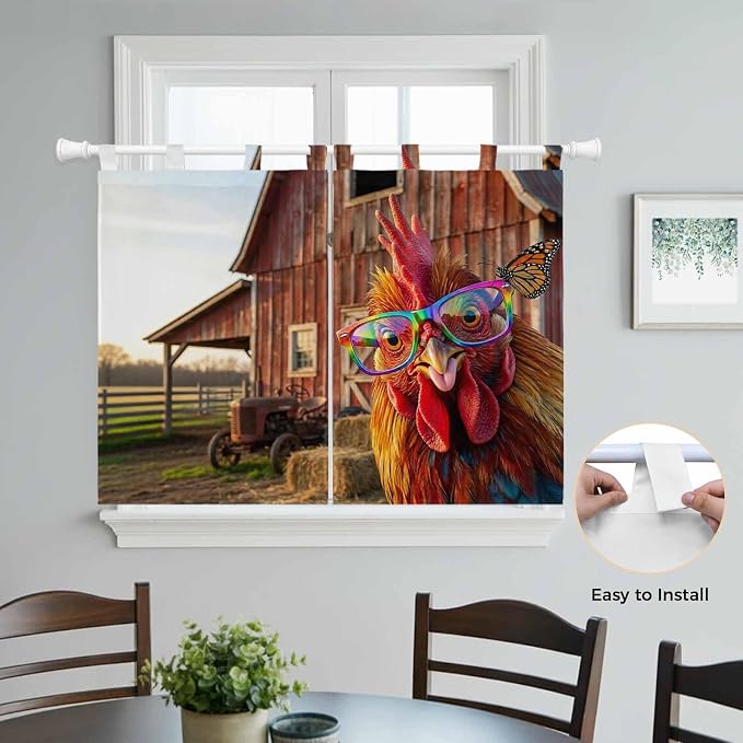 Farm Rooster Kitchen Curtains 45 Inch Length, Short Cafe Window Curtains Tab Top - Image 4