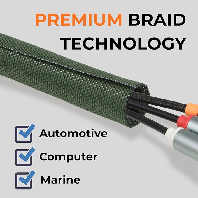 HOLED 3/4 inch Split Braided Cable Management Sleeve for USB Cable Power Cord Audio Video Cable, Wire Loom Cord Protector from Cat Dog Chewing (Dark Green, 25FT)