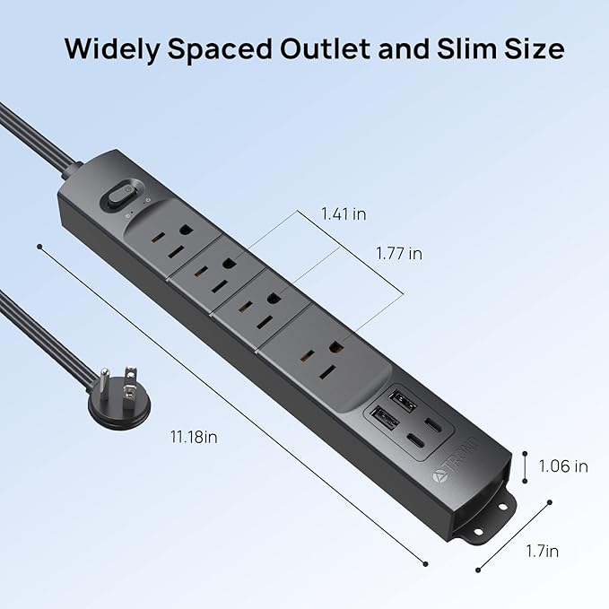 TROND Flat Plug Power Strip USB-10ft Flat Extension Cord Surge Protector Wall Mount, 2 USB C & 2 USB A Ports with Multiple Outlets, 1440J, 1625W for Office Supplies Dorm Room Essentials, Black
