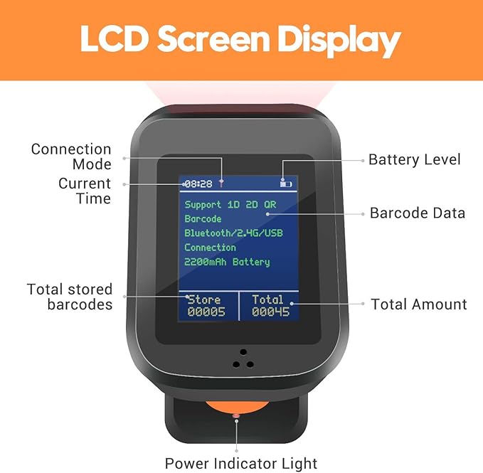 Symcode 2D QR Bluetooth Barcode Scanner with Screen Display with Charging Base,3 in 1 Compatible with Bluetooth & 2.4GHz Wireless & Wired Connection with 1.8 inch TFT Color LCD Screen