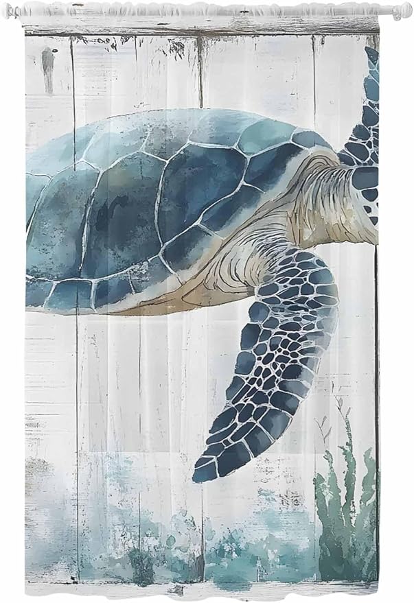 Sheer Curtains 108 Inches Long, Sea Turtle Teal Blue Semi Sheer Curtains Light by Unknown