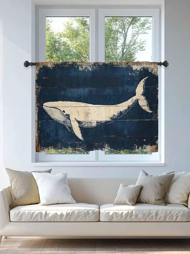Sheer Curtains 45 Inch Length, Ocean Whale Blue Semi Sheer Curtains Light - Image 4
