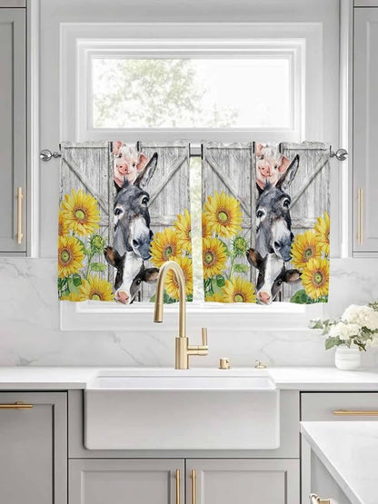 Farmhouse Half Window Curtains 24 Inches Long, Watercolor Sunflowers Animals - Image 3
