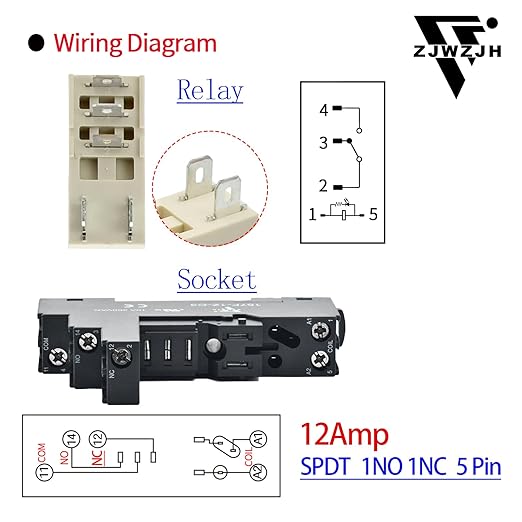 ZJWZJH 12 Amp Power Relay Switch 12V DC Relay Coil, 5 Pin SPDT 1NO 1NC with Test Button, LED Module Light, Socket Base, DIN Rail, UL Certification (5 Pin- 12A, DC 12V)