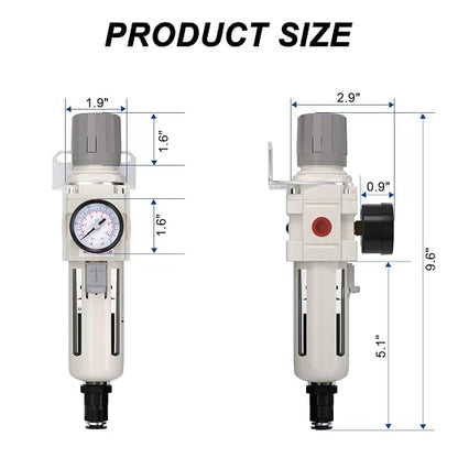 3/8"NPT Air Filter Regulator Combo Piggyback, 5 Micron Brass Element, Auto Drain - Image 2