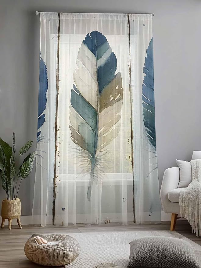 Sheer Curtains 96 Inches Long, Boho Blue Feathers Semi Sheer Curtains Light - Image 2