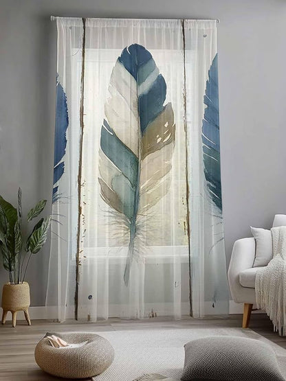 Sheer Curtains 96 Inches Long, Boho Blue Feathers Semi Sheer Curtains Light - Image 2