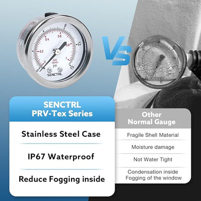 SENCTRL 0-15 Psi Low Pressure Gauge, 1/4 NPT Back Mount, Waterproof, Stainless - Image 3