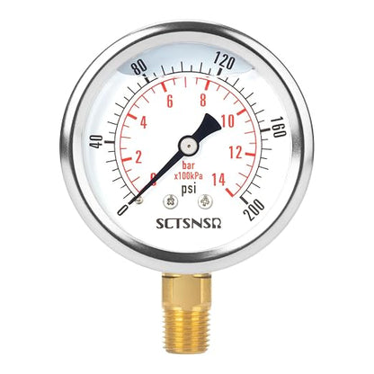 2-1/2" Dial Size, 0-200 Psi Pressure Gauge, Glycerin Liquid Filled, 1/4" NPT by SCTSNSR
