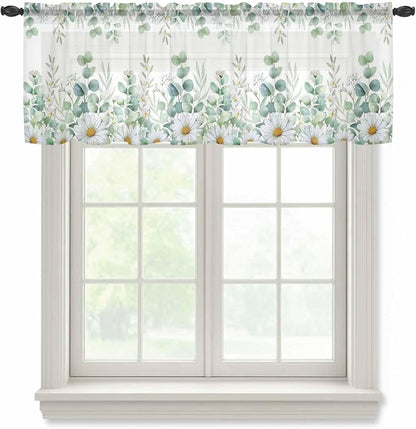 Eucalyptus Leaves Daisy Sheer Valance Curtains, Summer Farmhouses Flower Light by Houseown