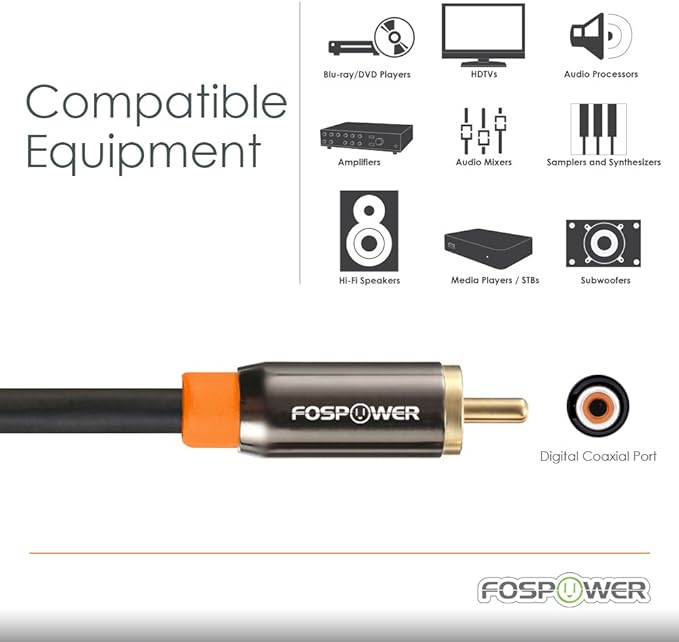 FosPower Digital Audio Coaxial Cable [24K Gold Plated Connectors] Premium S/PDIF RCA Male to RCA Male for Home Theater, HDTV, Subwoofer, Hi-Fi Systems - 6ft/2Pack