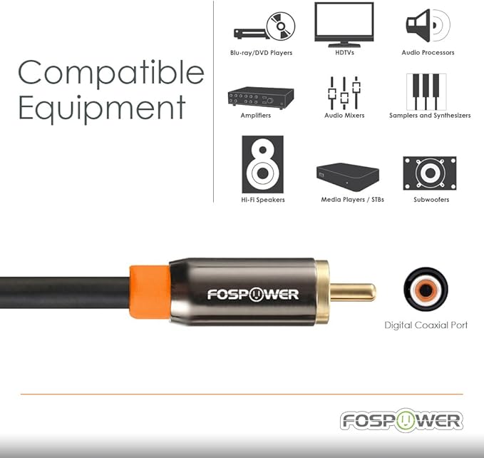 FosPower Digital Audio Coaxial Cable [24K Gold Plated Connectors] Premium S/PDIF RCA Male to RCA Male for Home Theater, HDTV, Subwoofer, Hi-Fi Systems - 3ft/2Pack