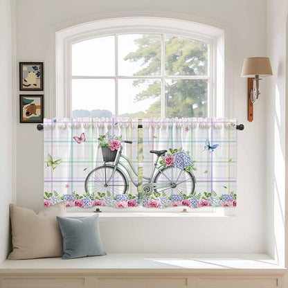 Spring Tier Curtains, Bicycles Botanical Leaves Rose Colorful Stripes Light - Image 3
