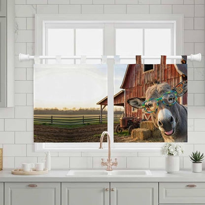 Farm Donkeys Kitchen Curtains 24 Inch Length, Small Window Curtains Tab Top - Image 3