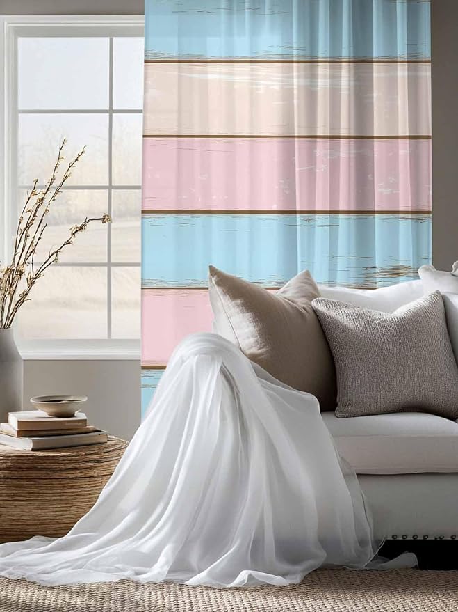 Sheer Curtains 63 Inch Length, Farmhouse Country Shabby Striped Privacy Voile - Image 4