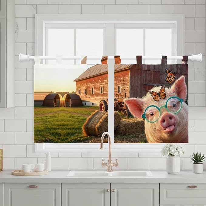 Farm Pig Kitchen Curtains 36 Inch Length, Small Window Curtains Tab Top - Image 3