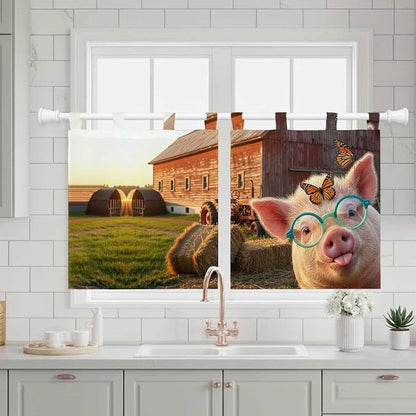 Farm Pig Kitchen Curtains 36 Inch Length, Small Window Curtains Tab Top - Image 3