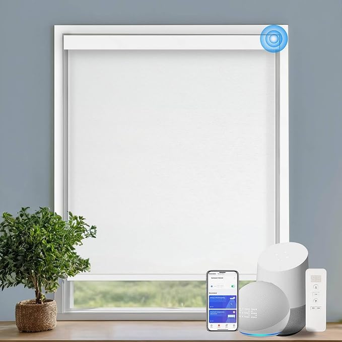 COOLWINDS Motorized Blinds with Remote Cordless Automatic Motorized Shades Custom Blinds for Windows Smart Curtains Compatible with Alexa Google Home(Light Filtering Jacquard White,W61 x H72in)